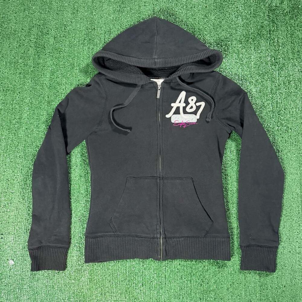 Y2K Aeropostale A87 Zip Up Fleece Hoodie Size Small Black
